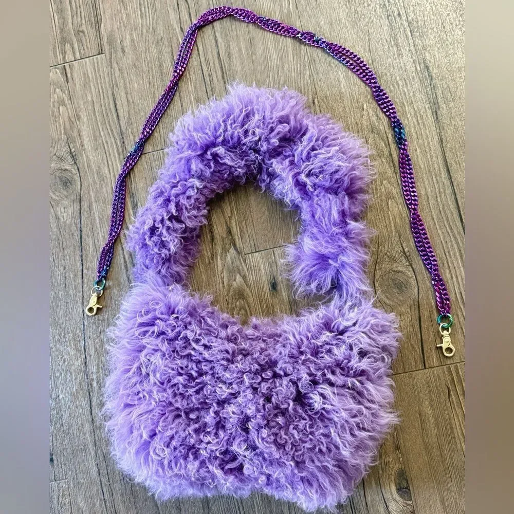 Handmade Lavender Real Curly Shearling Fashion Hobo Bag/Shoulder Bag/Crossbody